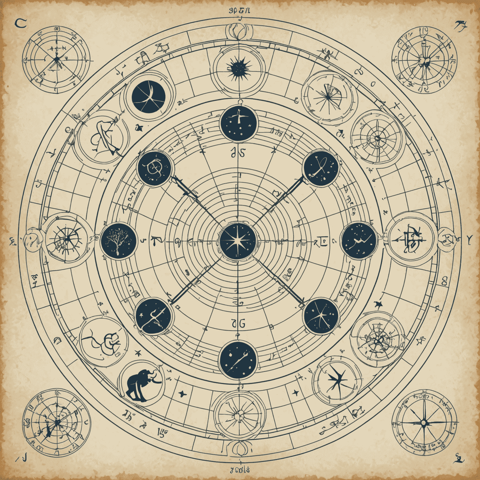 Ilustracja przedstawiająca różne znaki zodiaku połączone liniami symbolizującymi kompatybilność